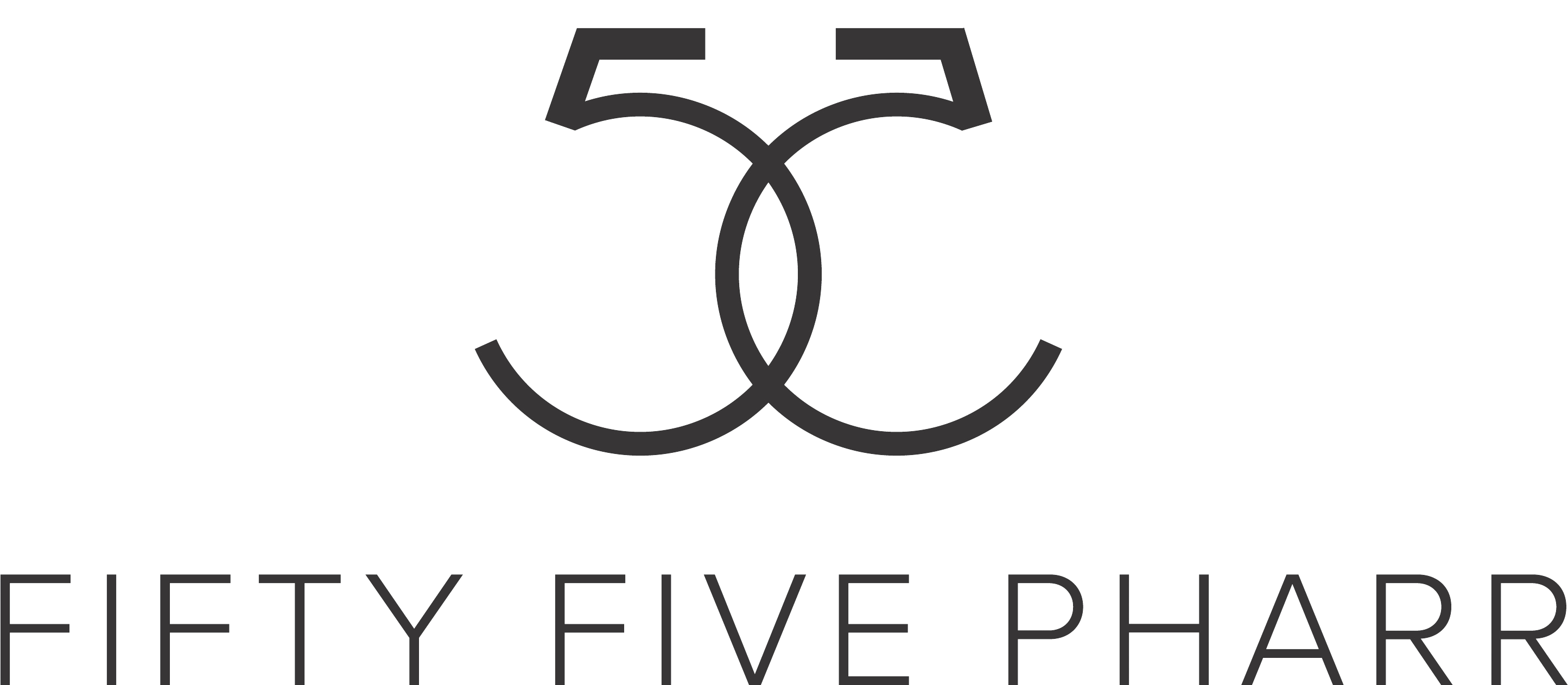 A black and white image of a logo with the text "FIFTY FIVE PHARR" below it.